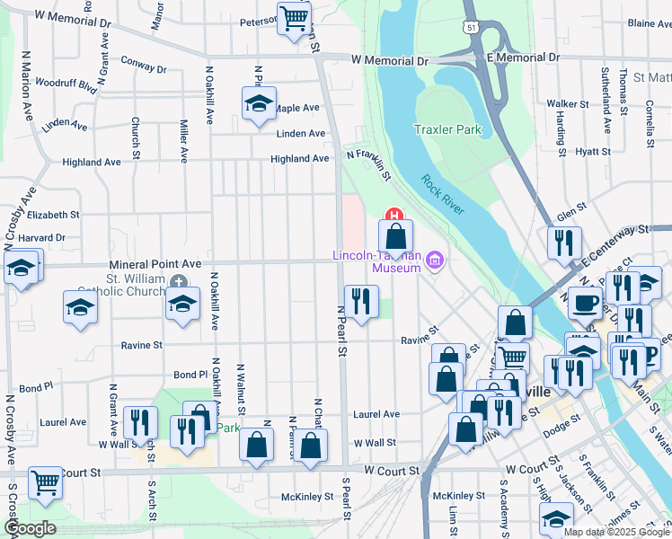 map of restaurants, bars, coffee shops, grocery stores, and more near 481 North Pearl Street in Janesville