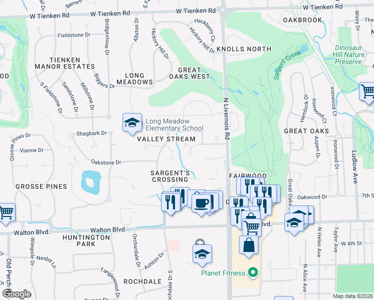 map of restaurants, bars, coffee shops, grocery stores, and more near 1138 Valley Stream Court in Rochester Hills