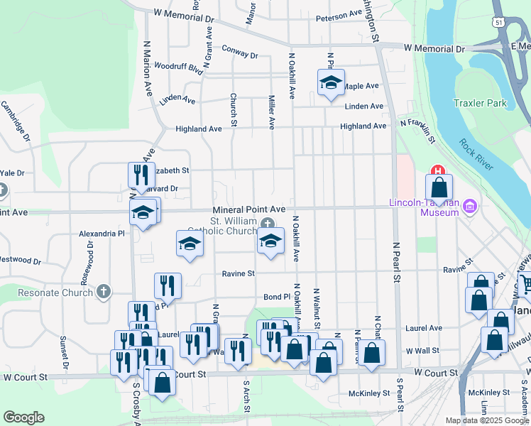 map of restaurants, bars, coffee shops, grocery stores, and more near 1915 Mineral Point Avenue in Janesville