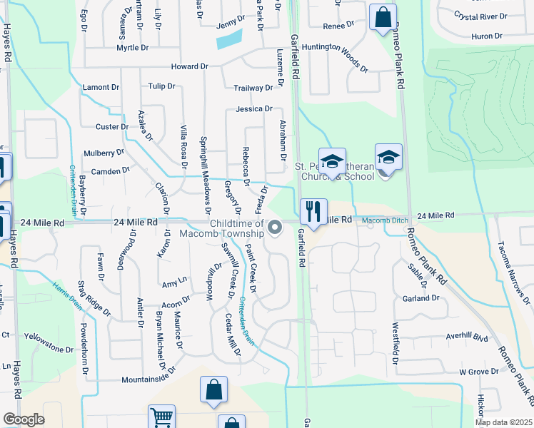 map of restaurants, bars, coffee shops, grocery stores, and more near 53076 Freda Drive in Macomb