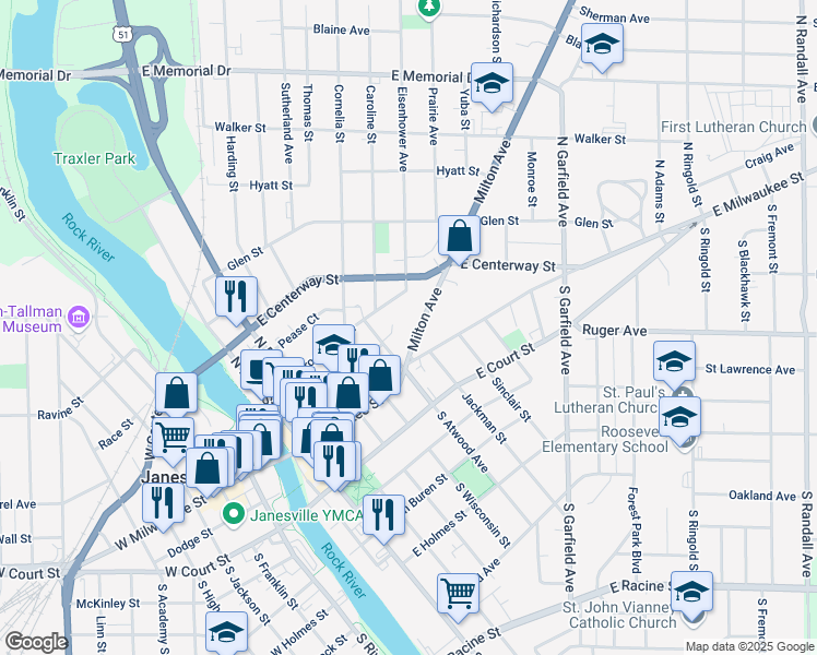 map of restaurants, bars, coffee shops, grocery stores, and more near 235 Milton Avenue in Janesville