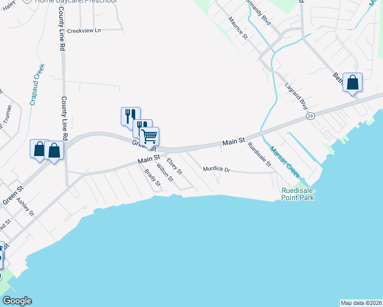 map of restaurants, bars, coffee shops, grocery stores, and more near 38016 Main Street in New Baltimore