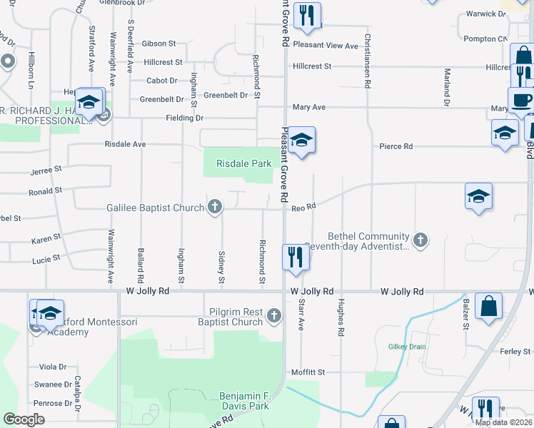 map of restaurants, bars, coffee shops, grocery stores, and more near 4701 Richmond Street in Lansing
