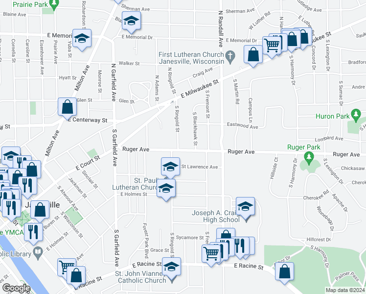 map of restaurants, bars, coffee shops, grocery stores, and more near 1321 Ruger Avenue in Janesville