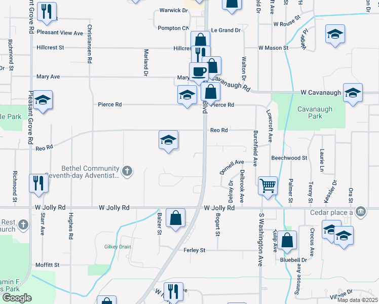 map of restaurants, bars, coffee shops, grocery stores, and more near 1140 Dorchester Circle in Lansing