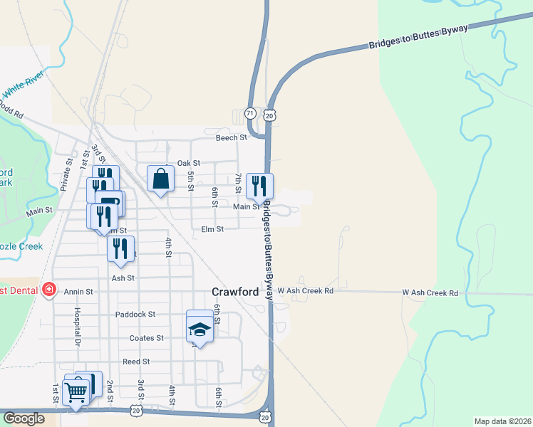 map of restaurants, bars, coffee shops, grocery stores, and more near Nebraska 71 in Crawford