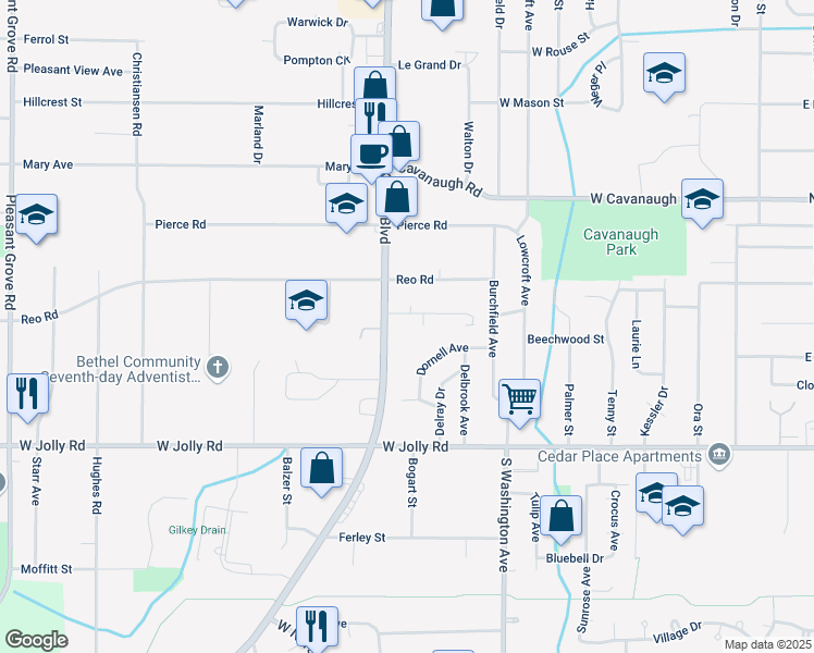 map of restaurants, bars, coffee shops, grocery stores, and more near 1010 Vincent Court in Lansing