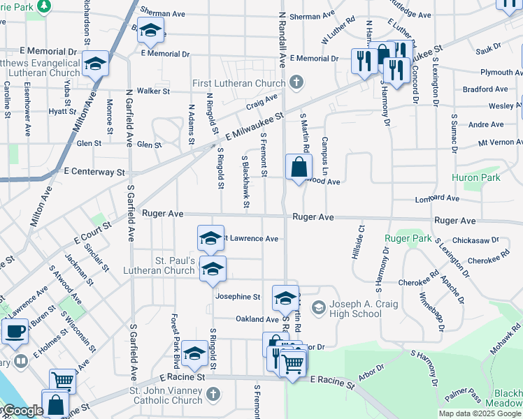 map of restaurants, bars, coffee shops, grocery stores, and more near 77 South Fremont Street in Janesville