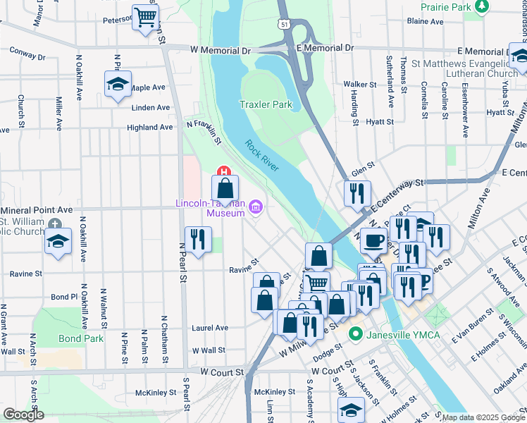 map of restaurants, bars, coffee shops, grocery stores, and more near 923 Mineral Point Avenue in Janesville