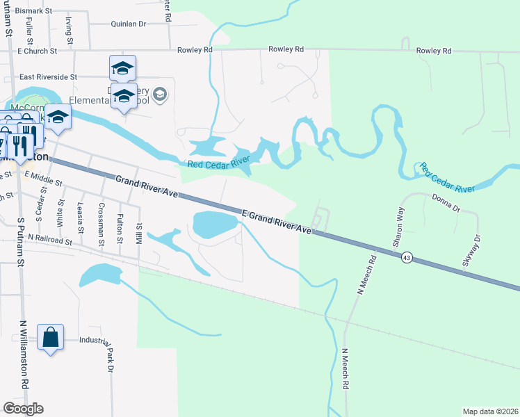 map of restaurants, bars, coffee shops, grocery stores, and more near 2341 East Grand River Road in Williamston