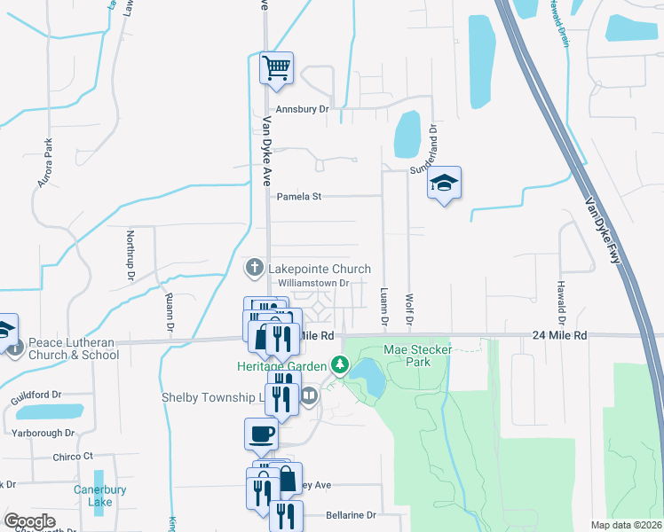 map of restaurants, bars, coffee shops, grocery stores, and more near 8320 Rosecrest Court in Macomb County