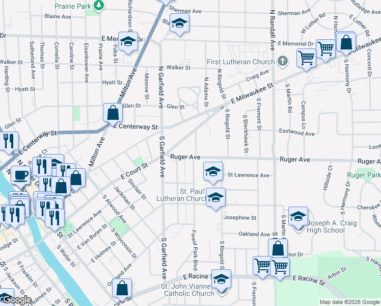 map of restaurants, bars, coffee shops, grocery stores, and more near 34 Forest Park Boulevard in Janesville