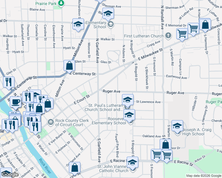 map of restaurants, bars, coffee shops, grocery stores, and more near 34 Forest Park Boulevard in Janesville