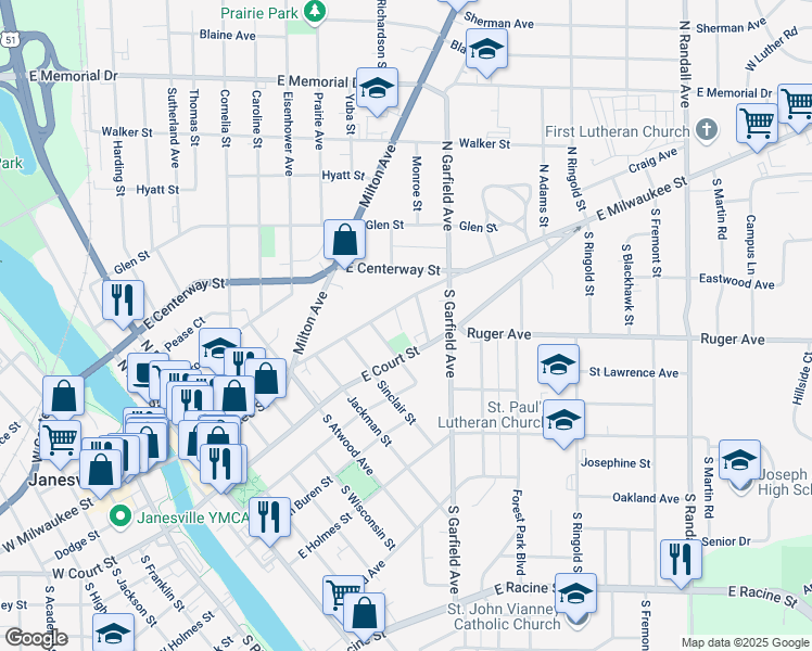 map of restaurants, bars, coffee shops, grocery stores, and more near 826 East Milwaukee Street in Janesville