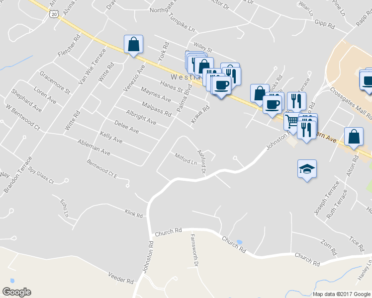 map of restaurants, bars, coffee shops, grocery stores, and more near 6211 Johnston Road in Albany