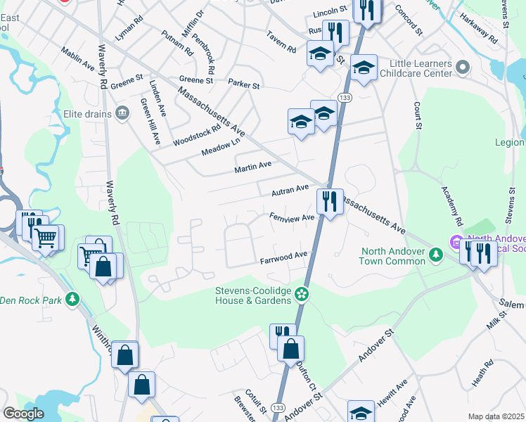 map of restaurants, bars, coffee shops, grocery stores, and more near 74 Autran Avenue in North Andover