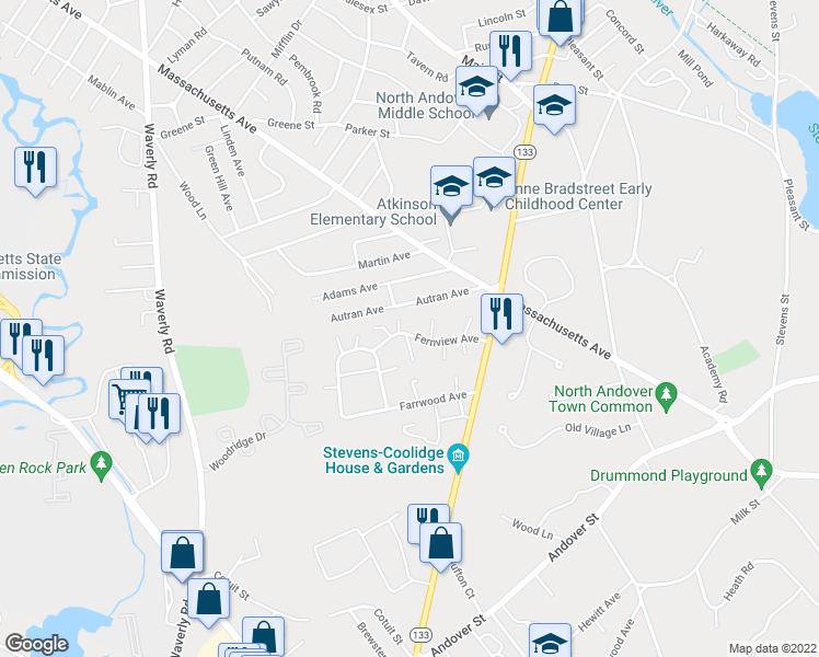 map of restaurants, bars, coffee shops, grocery stores, and more near 74 Autran Avenue in North Andover