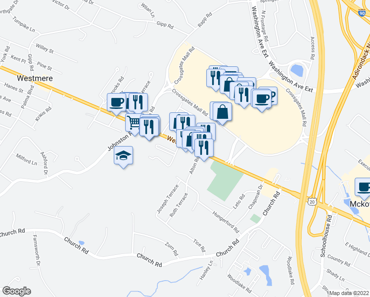 map of restaurants, bars, coffee shops, grocery stores, and more near 1671 Western Avenue in Albany