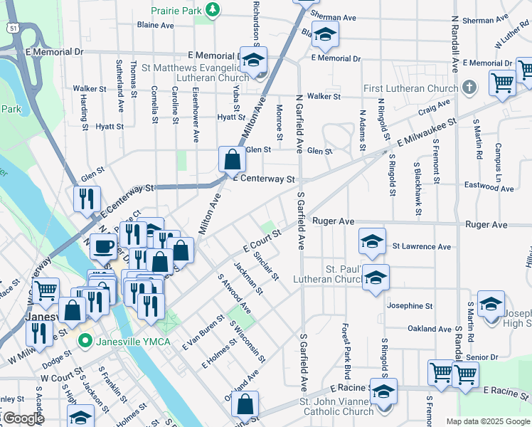 map of restaurants, bars, coffee shops, grocery stores, and more near 826 East Milwaukee Street in Janesville