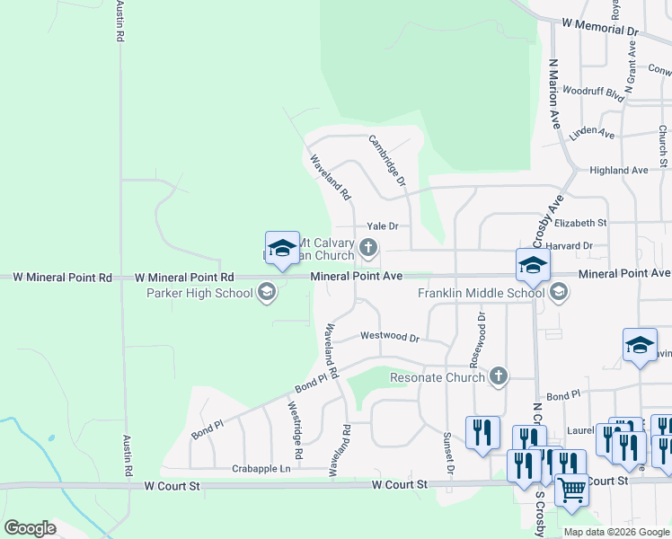 map of restaurants, bars, coffee shops, grocery stores, and more near 517 Waveland Road in Janesville