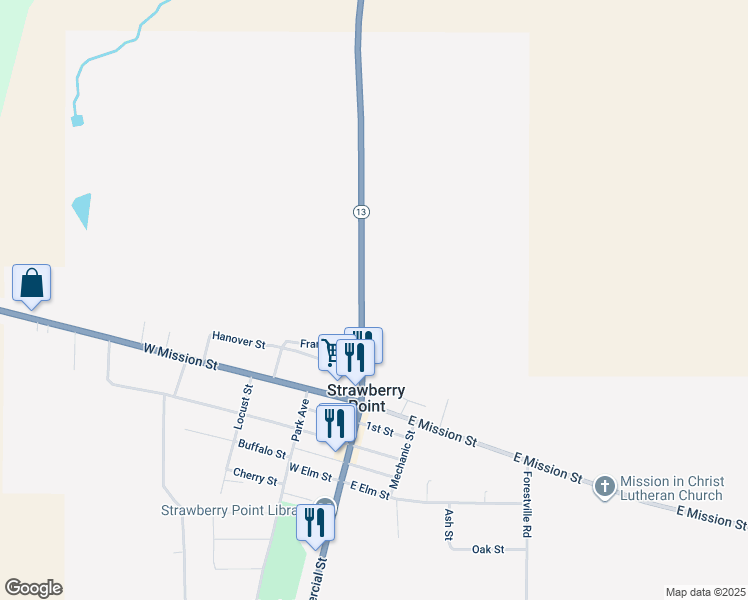 map of restaurants, bars, coffee shops, grocery stores, and more near 216 Elkader Street in Strawberry Point