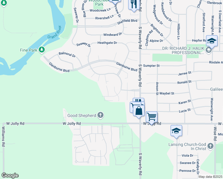 map of restaurants, bars, coffee shops, grocery stores, and more near 4032 Woodbridge Drive in Lansing