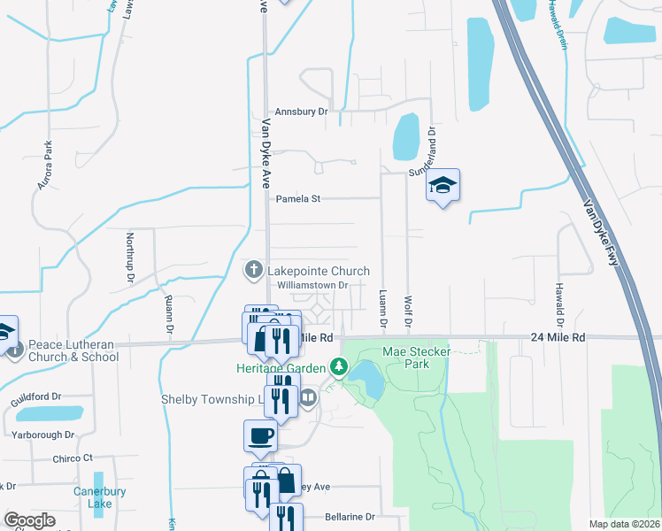 map of restaurants, bars, coffee shops, grocery stores, and more near 8320 Rosecrest Court in Macomb County