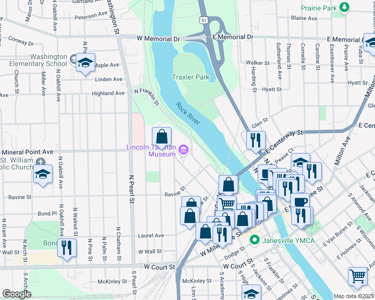map of restaurants, bars, coffee shops, grocery stores, and more near 923 Mineral Point Avenue in Janesville