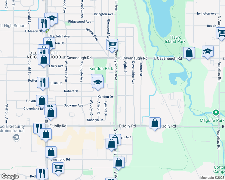 map of restaurants, bars, coffee shops, grocery stores, and more near 4618 South Pennsylvania Avenue in Lansing