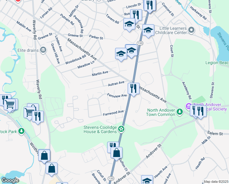 map of restaurants, bars, coffee shops, grocery stores, and more near 37 Fernview Avenue in North Andover