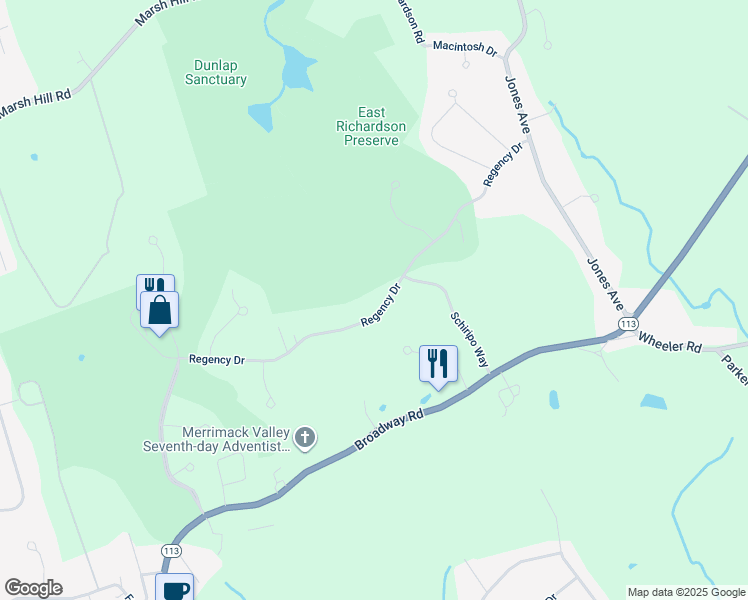 map of restaurants, bars, coffee shops, grocery stores, and more near 48 Regency Drive in Dracut