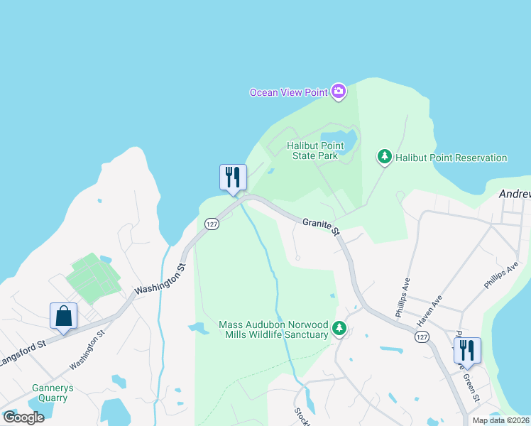 map of restaurants, bars, coffee shops, grocery stores, and more near 332 Granite Street in Rockport