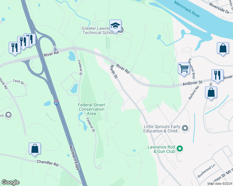 map of restaurants, bars, coffee shops, grocery stores, and more near 300 Brookside Drive in Andover