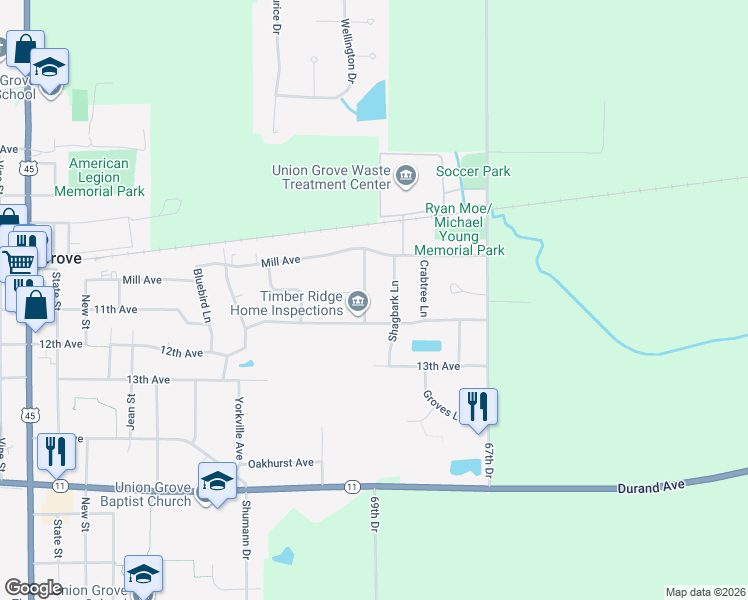 map of restaurants, bars, coffee shops, grocery stores, and more near 1048 Shagbark Lane in Union Grove