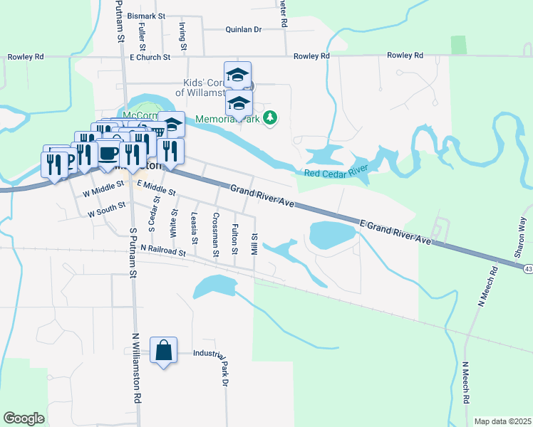 map of restaurants, bars, coffee shops, grocery stores, and more near 818 East Grand River Road in Williamston