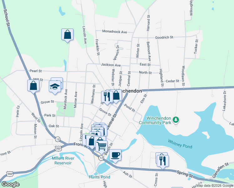map of restaurants, bars, coffee shops, grocery stores, and more near 2 Juniper Street in Winchendon