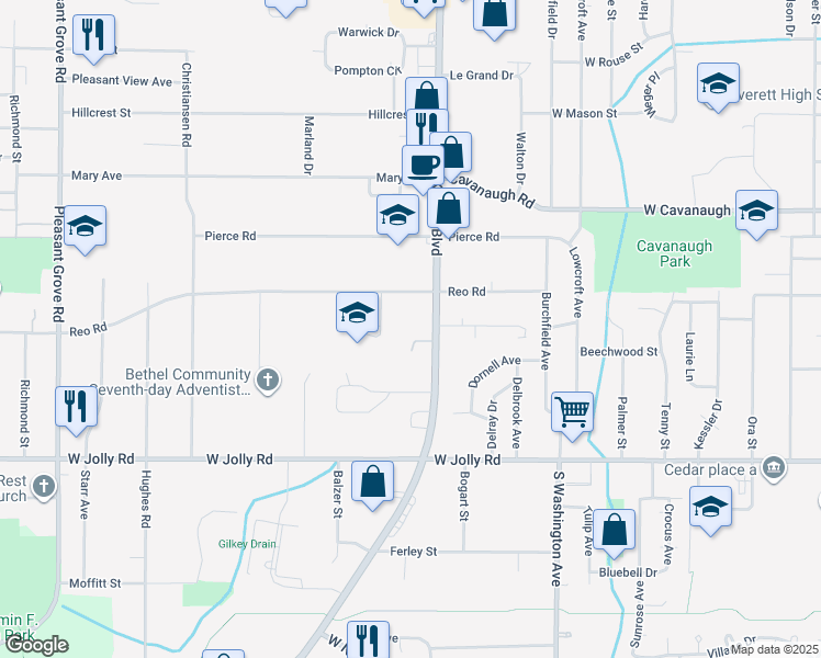 map of restaurants, bars, coffee shops, grocery stores, and more near 1130 Dorchester Circle in Lansing