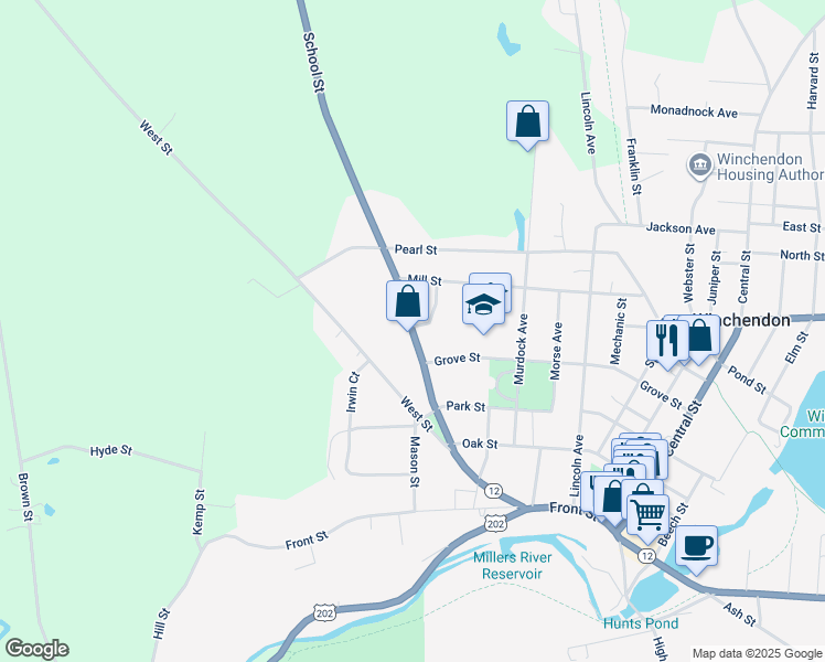 map of restaurants, bars, coffee shops, grocery stores, and more near 184 School Street in Winchendon