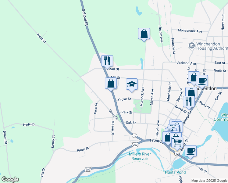 map of restaurants, bars, coffee shops, grocery stores, and more near 184 School Street in Winchendon