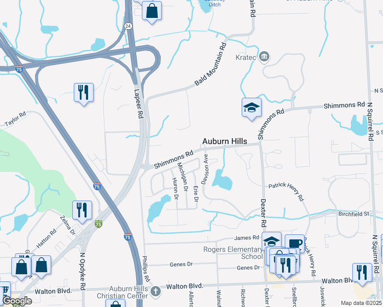 map of restaurants, bars, coffee shops, grocery stores, and more near 2785 Shimmons Road in Auburn Hills