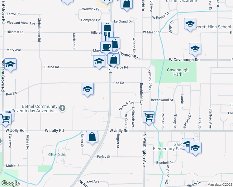 map of restaurants, bars, coffee shops, grocery stores, and more near 1010 Vincent Court in Lansing