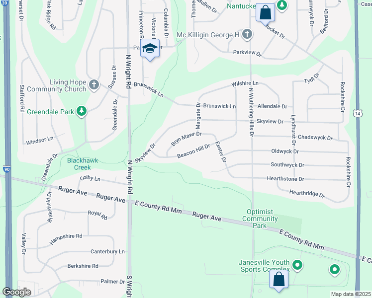 map of restaurants, bars, coffee shops, grocery stores, and more near 3859 Beacon Hill Drive in Janesville