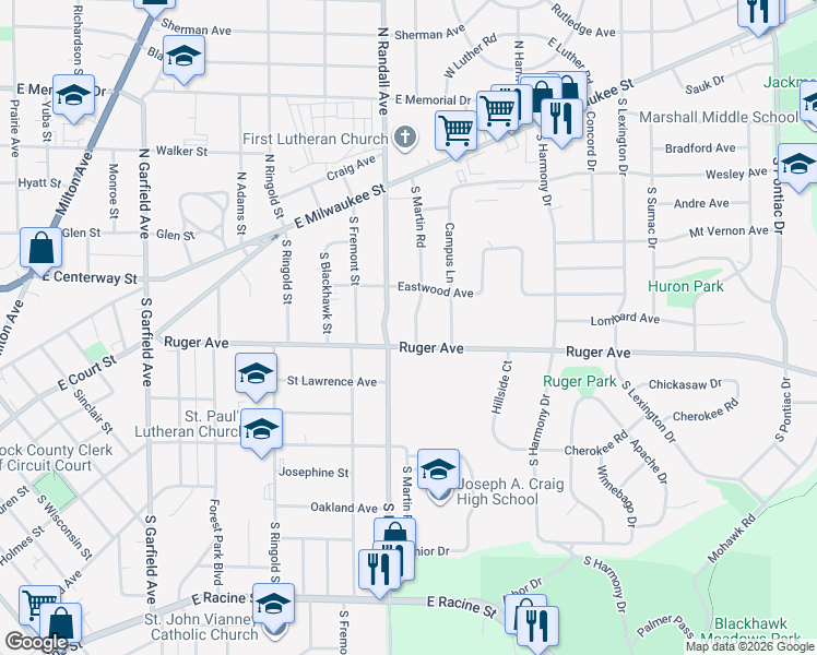 map of restaurants, bars, coffee shops, grocery stores, and more near 85 South Randall Avenue in Janesville