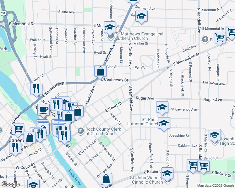 map of restaurants, bars, coffee shops, grocery stores, and more near 826 East Milwaukee Street in Janesville