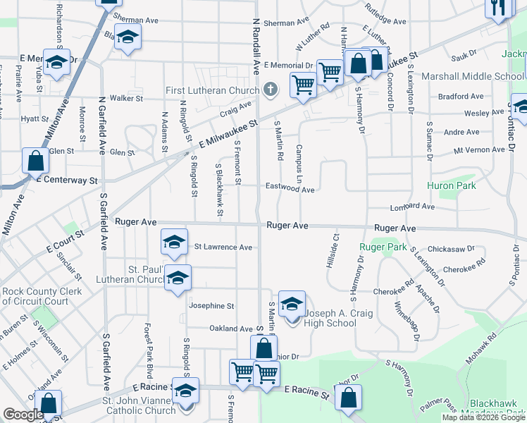 map of restaurants, bars, coffee shops, grocery stores, and more near 85 South Randall Avenue in Janesville