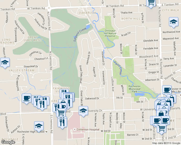 map of restaurants, bars, coffee shops, grocery stores, and more near 920 Hemlock Drive in Rochester