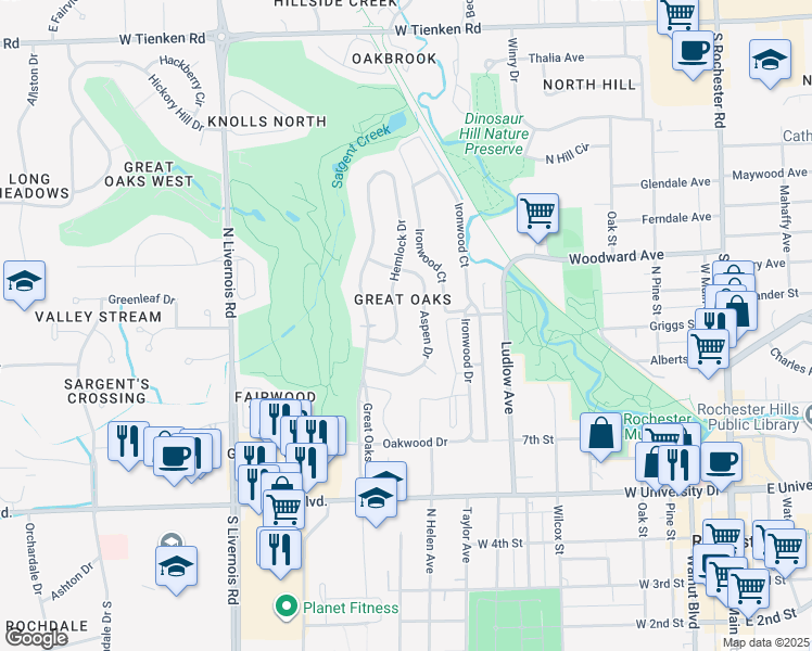map of restaurants, bars, coffee shops, grocery stores, and more near 920 Hemlock Drive in Rochester