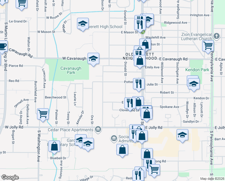 map of restaurants, bars, coffee shops, grocery stores, and more near 107 Cox Boulevard in Lansing