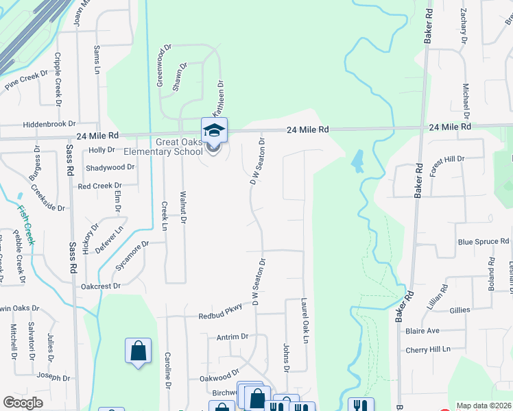 map of restaurants, bars, coffee shops, grocery stores, and more near 33121 Tall Pine Court in New Baltimore