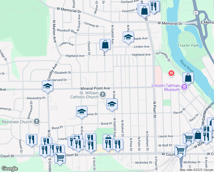 map of restaurants, bars, coffee shops, grocery stores, and more near 1816 Mineral Point Avenue in Janesville